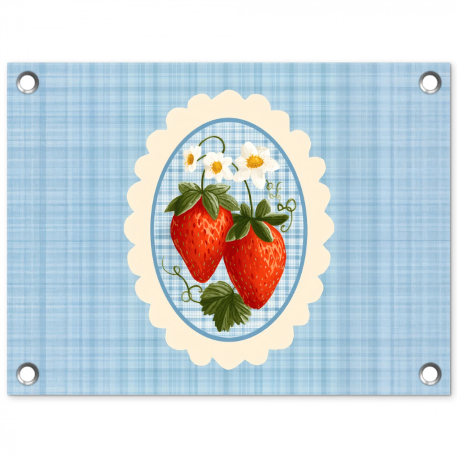 Aardbeien - Lijst - Rood - Geruit tuinposter los doek klein -3d