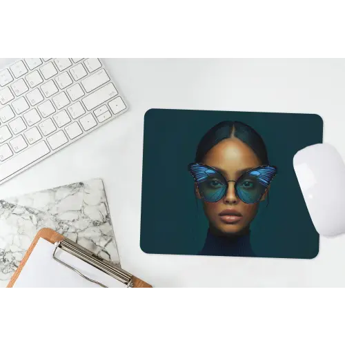 Vrouw - Vlinder - Bril - Blauw - Modern - Portret muismat rubber klein -witbureau