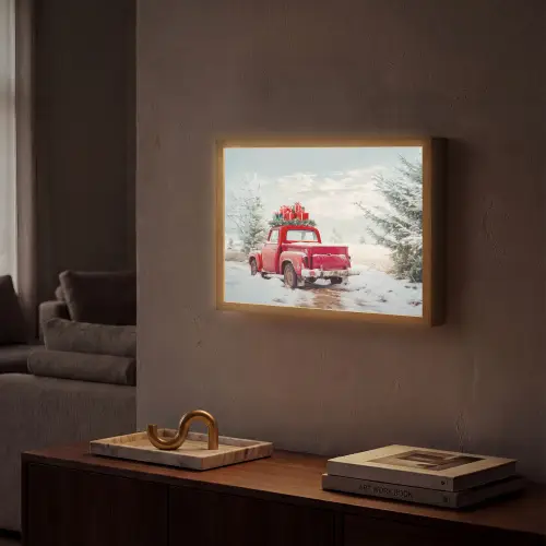 Auto - Rood - Cadeaus - Winter - Sneeuw - Kerst Light Box met batterij (Wandlamp) middel -sfeer1