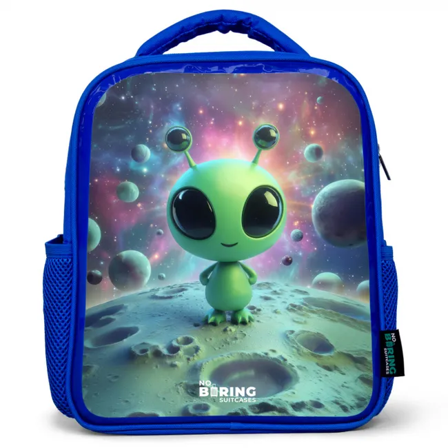 Groen buitenaards wezentje op maanlandschap Kinderrugzak - Blauw middel -3d