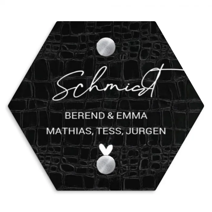 Zwart krokodillenleertextuur - Sierlijk Naambord Hexagon klein -3d