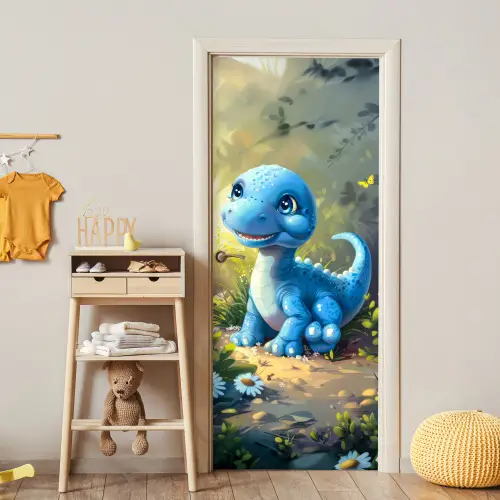 Dino - Blauw - Baby - Dinosaurus deurposter klein -sfeer4