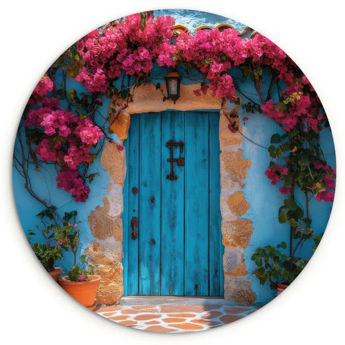 Deur - Hout - Bloemen - Blauw Wandcirkel plexiglas klein -3d