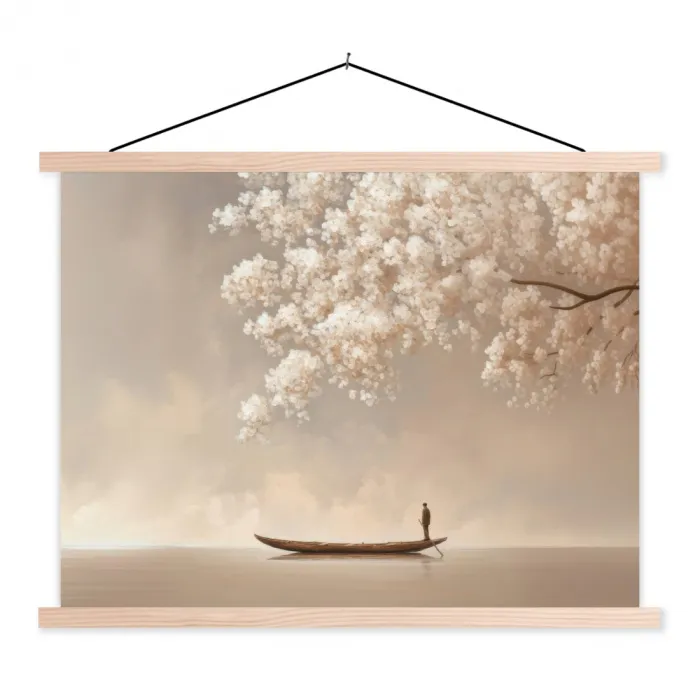 Bloesems - Wit - Boot - Minimalistisch textielposter latten blank klein -3d