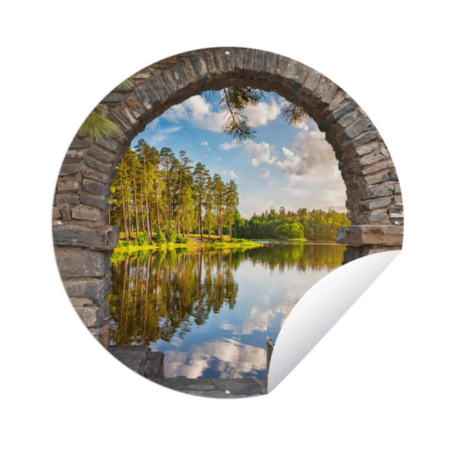 Landschap - Doorkijk - Water Wandcirkel tuinposter met ringen klein -3d