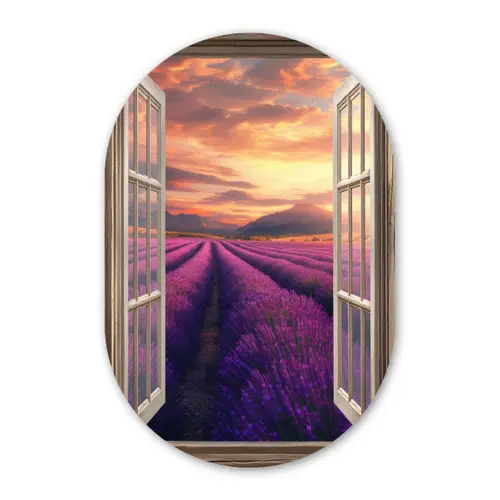 Doorkijk - Lavendel - Landschap - Bloemen - Paars Wandcirkel Ovaal Glas middel -3d