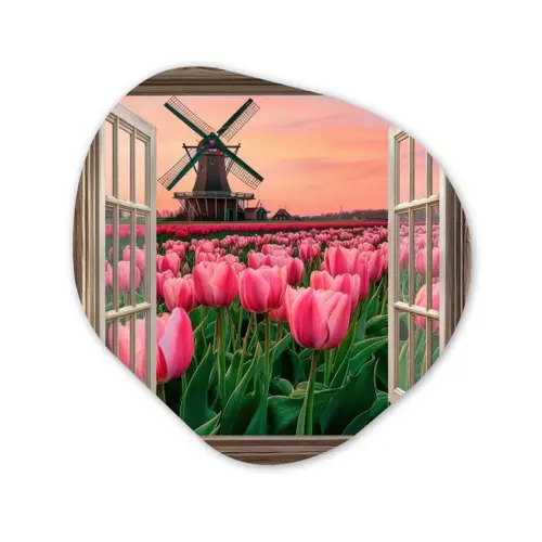Doorkijk - Tulpen - Bloemen - Molen - Raam Wandcirkel Organisch Plexiglas middel -3d