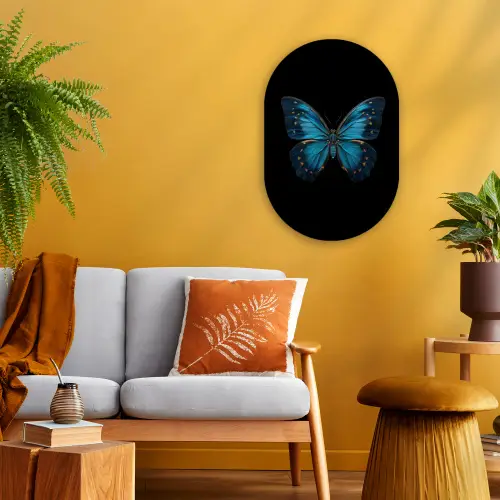 Vlinder - Blauw - Contrast Wandcirkel Ovaal Forex klein -sfeer4