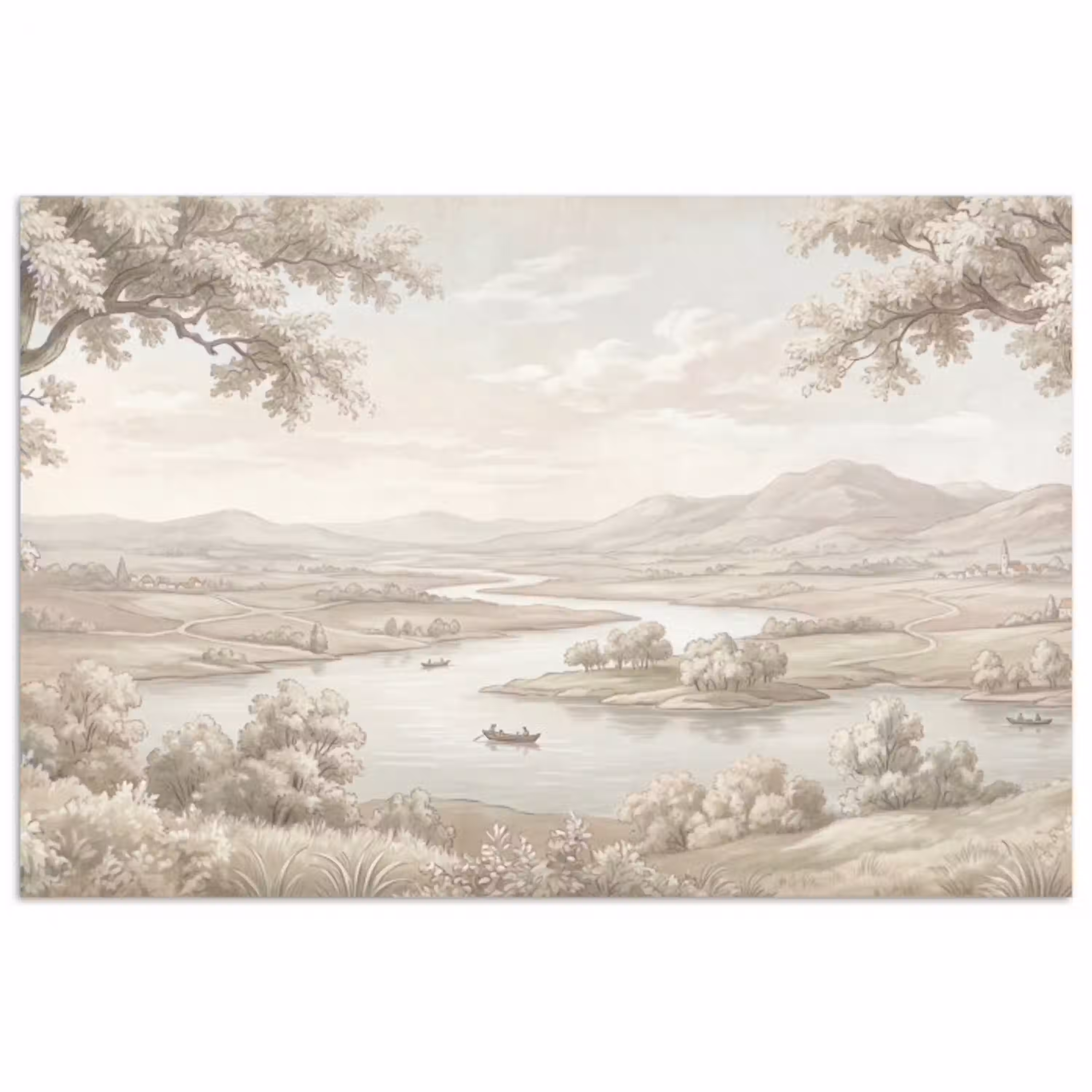 Rivierlandschap - Bergen - Natuur - Vintage - Beige poster papier klein -3d