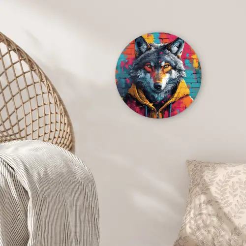 Graffiti - Wolf - Street art - Blauw Wandcirkel kunststof plaat 5mm dik klein -sfeer5