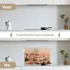 Roze landschap - Palmen - Water keuken achterwand spatscherm klein -voor_na_NL