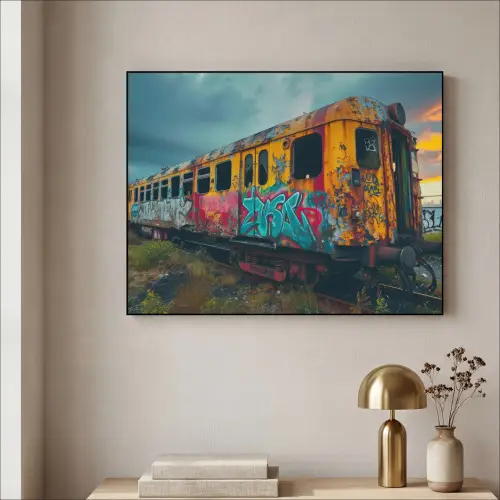Graffiti - Verlaten trein - Street art Textielframe zwart klein -sfeer2