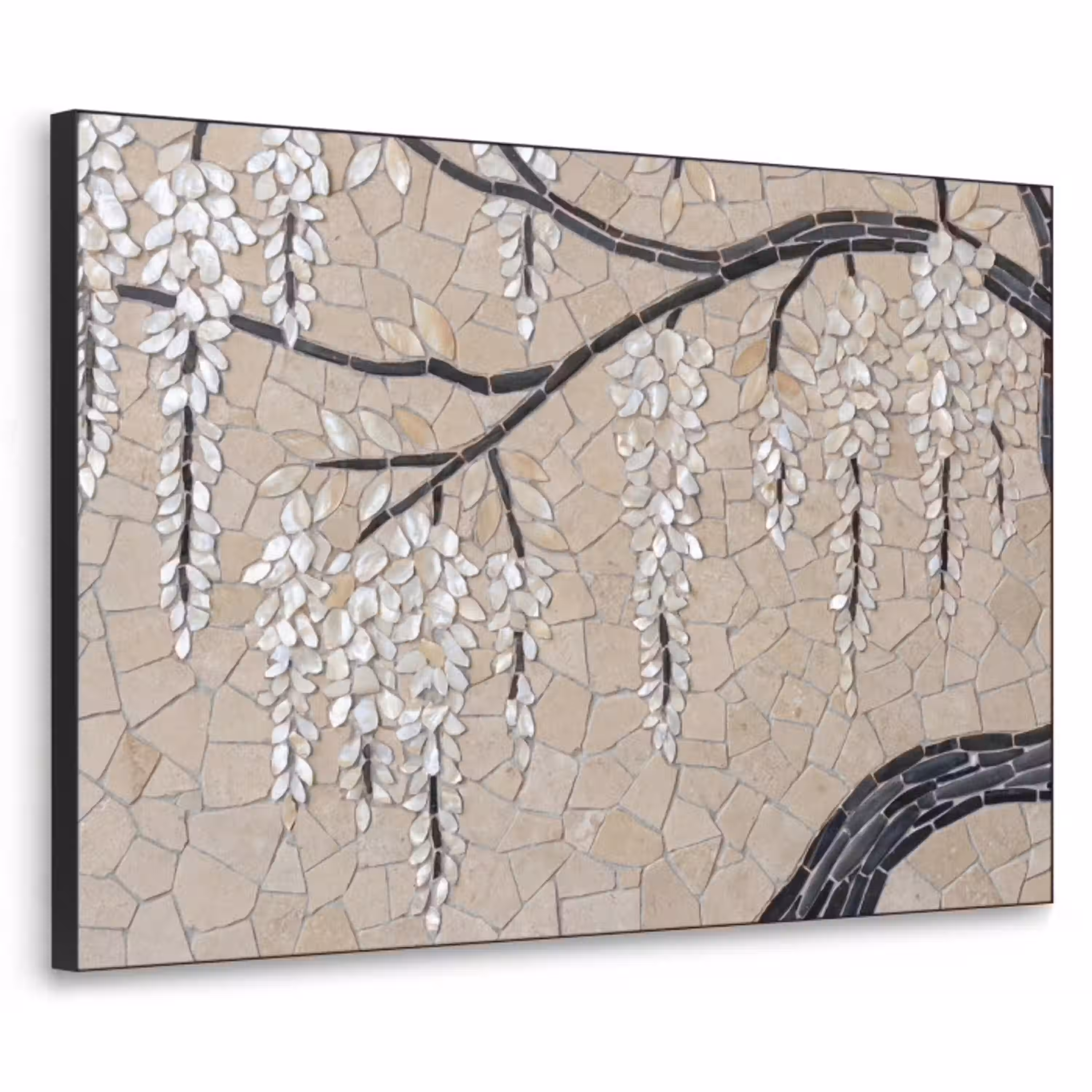 Boom - Bloemen - Mozaïek - Kunst - Wit Textielframe zwart klein -3d