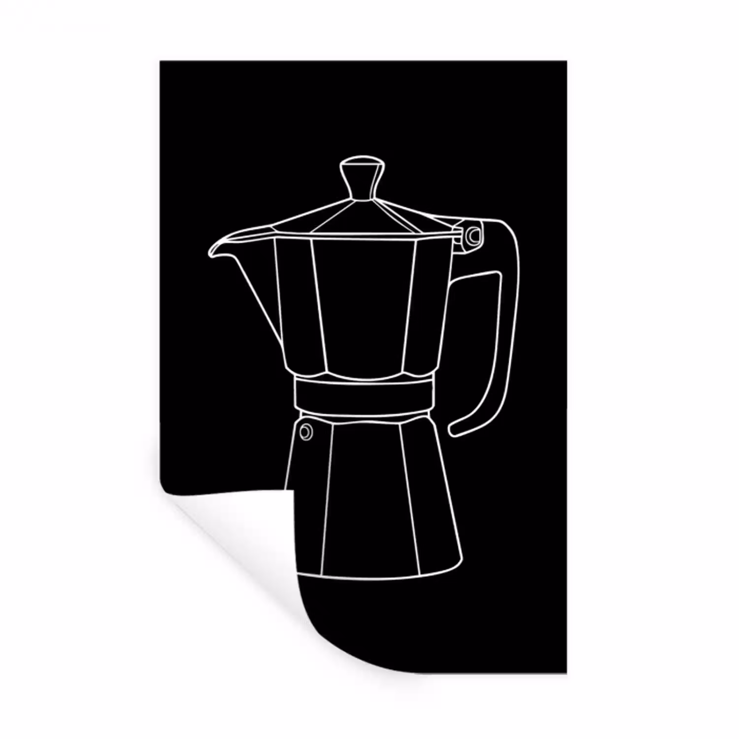 Mokkapot - Zwart - Wit - Lijntekening Muursticker klein -3d