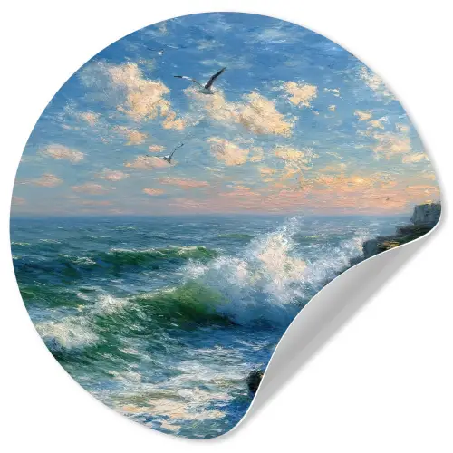 Zee - Golven - Rotsen - Meeuwen Wandcirkel behangsticker klein -3d