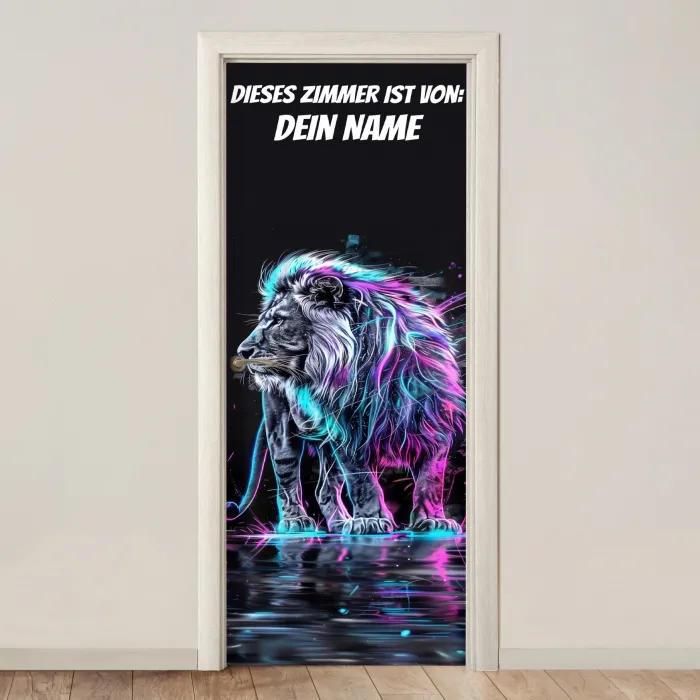 Neon-Löwe auf dunklem Hintergrund mit Namensfeld. deurposter klein -3d_beige