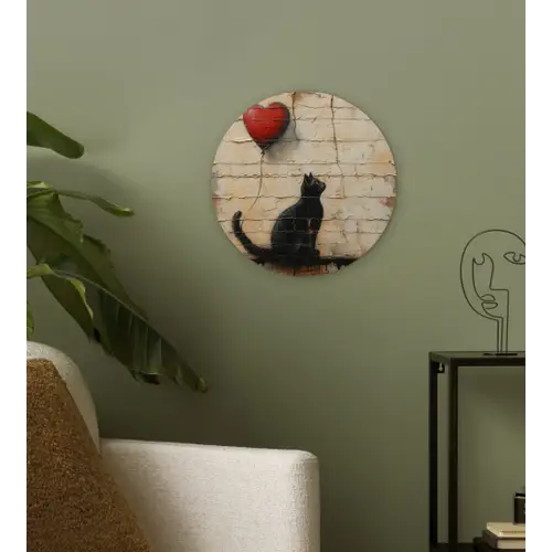 Street art - Kat - Ballon - Graffiti - Banksy Wandcirkel kunststof plaat 5mm dik klein -sfeer3