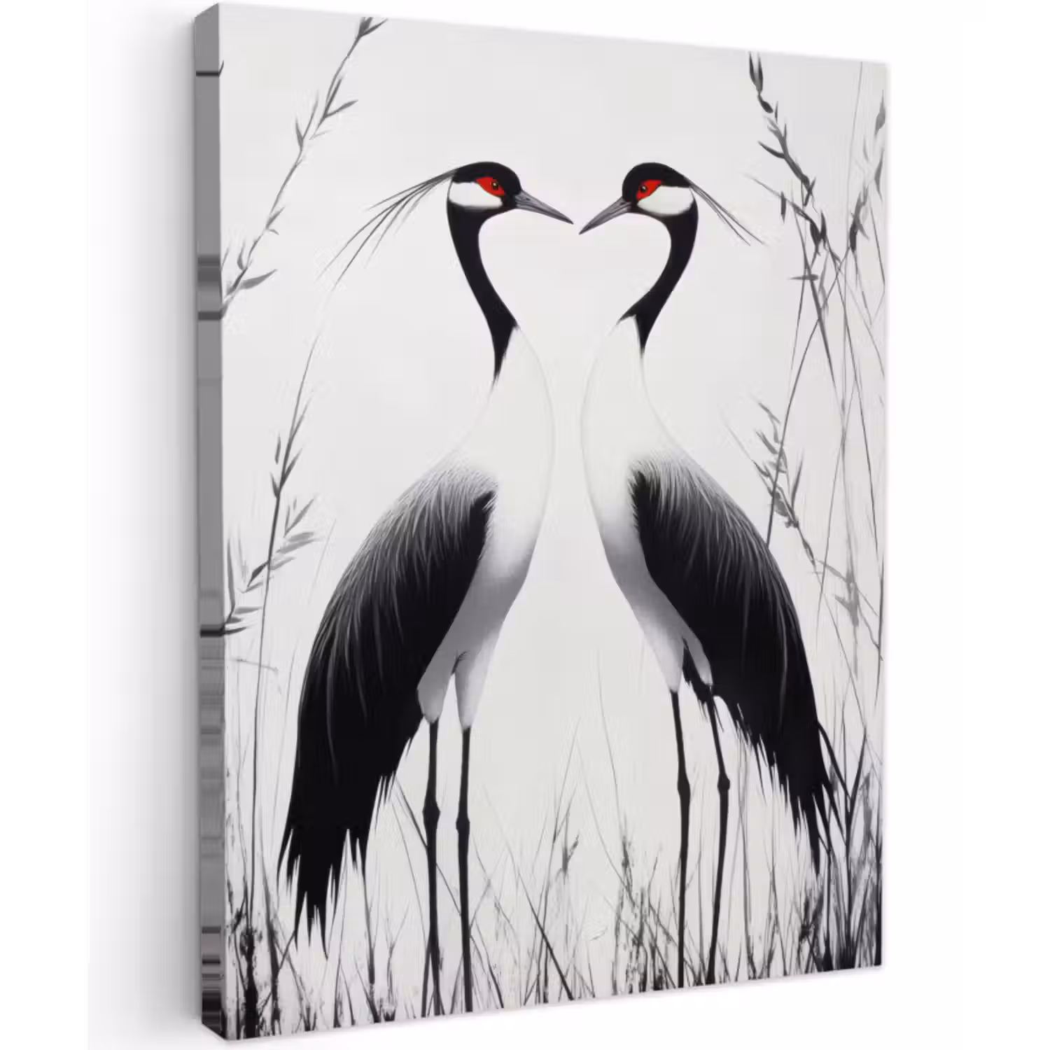 Canvas schilderij - Kraanvogels - Gras - Hartvorm - Zwart