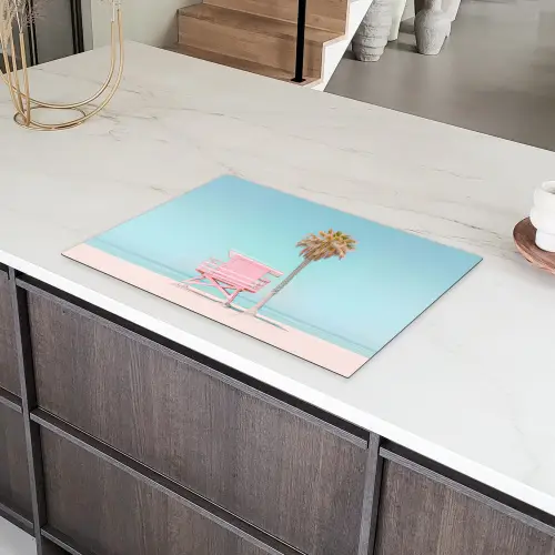 Palmboom - Strandhuis - Roze Inductie beschermer vinyl 3mm klein -sfeer8