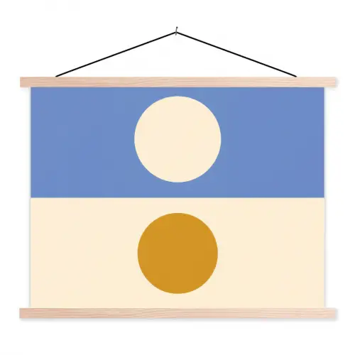 Cirkels - Symmetrisch - Wit - Blauw- Geel textielposter latten blank klein -3d