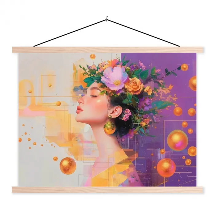 Abstract - Vrouw - Bloemenkroon - Goud textielposter latten blank klein -3d