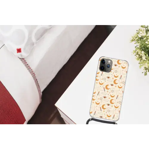 Boho - Print - Ogen - Maan - Veren - Beige Hoesje iPhone 12 Pro met koord klein -kamer