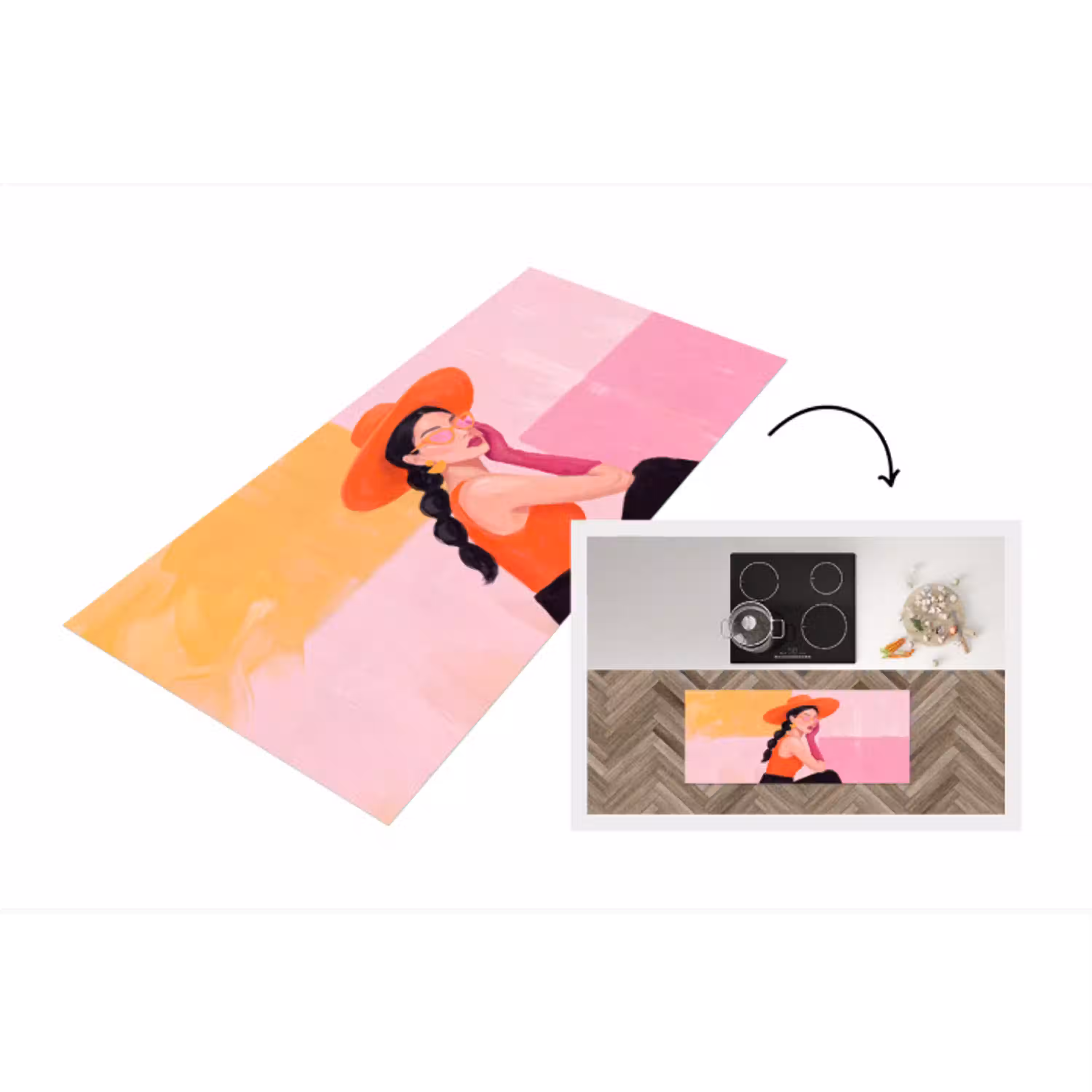 Vrouw - Hoed - Mode - Modern - Oranje Keukenloper - keukenmat middel -3d