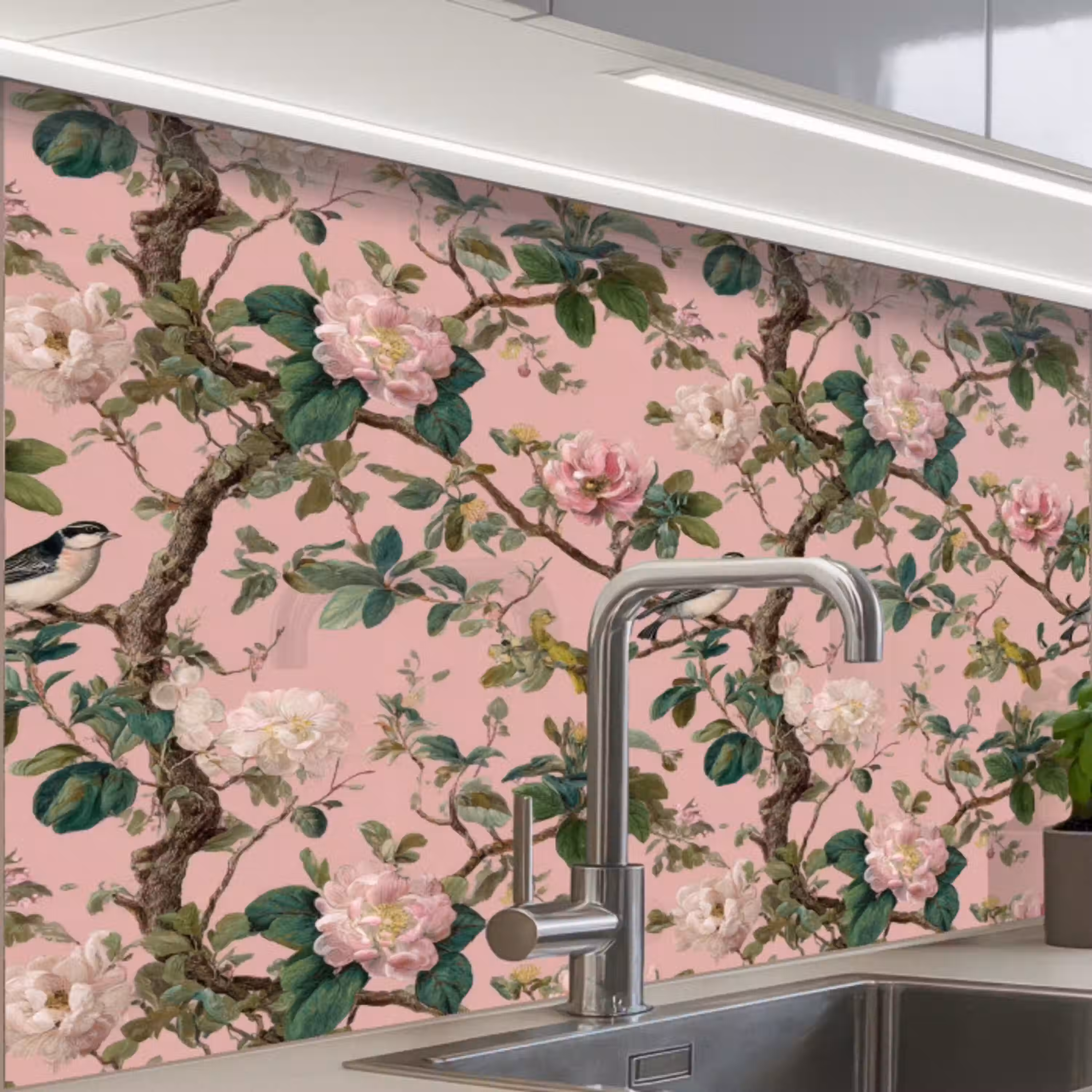 Pioenrozen - Botanisch - Vogel keuken achterwand 2 middel 865 -zzzz3d_schuin
