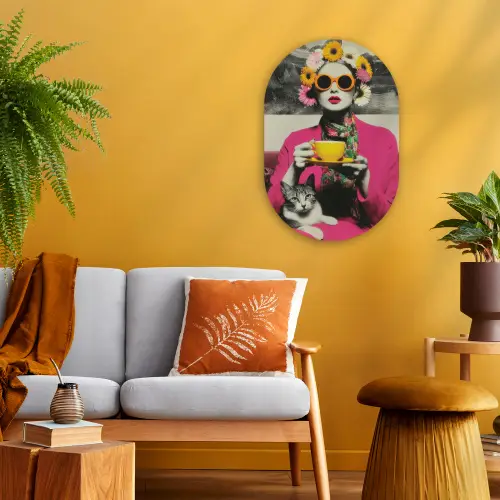 Vrouw - Kat - Bloemen - Kopje - Retro Wandcirkel Ovaal Forex klein -sfeer4
