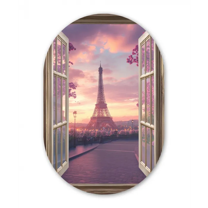 Doorkijk - Parijs - Eiffeltoren - Roze - Kersenbloesem Wandcirkel Ovaal Glas middel -3d