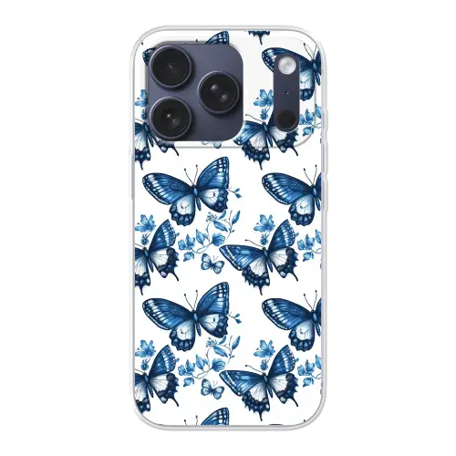 Blauw - Vlinders - Bloemen - Wit Telefoonhoesje iPhone 17 Pro klein 878 -3d