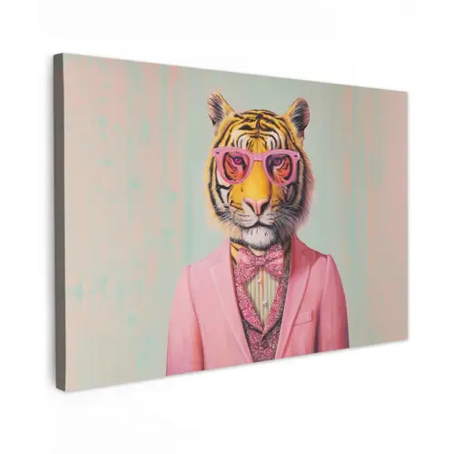 Tijger - Strik - Jasje - Roze Tuinposter op houten frame 2 cm dik klein -3d