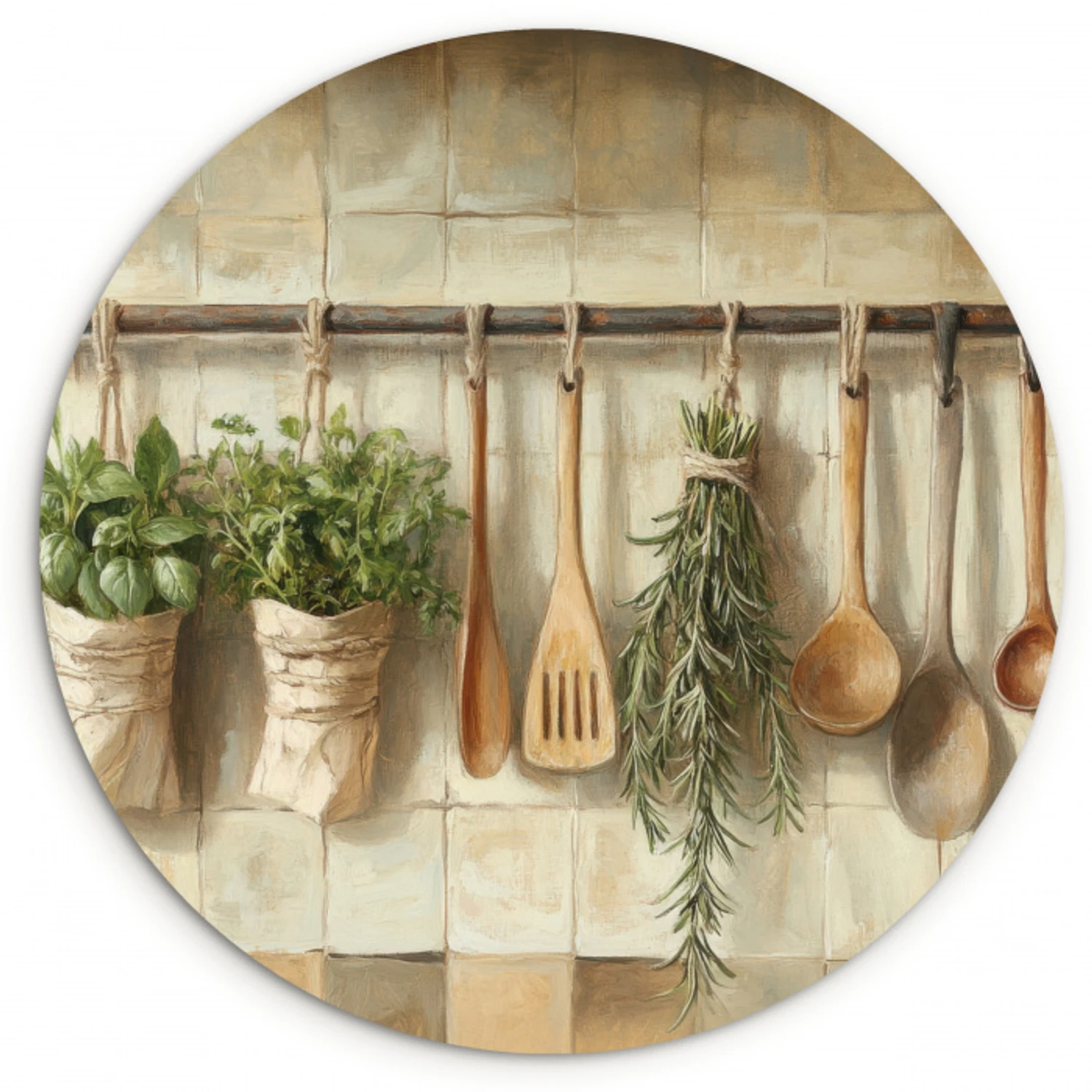 Hout - Keukengerei - Stilleven - Tegels Wandcirkel kunststof plaat 5mm dik klein -3d