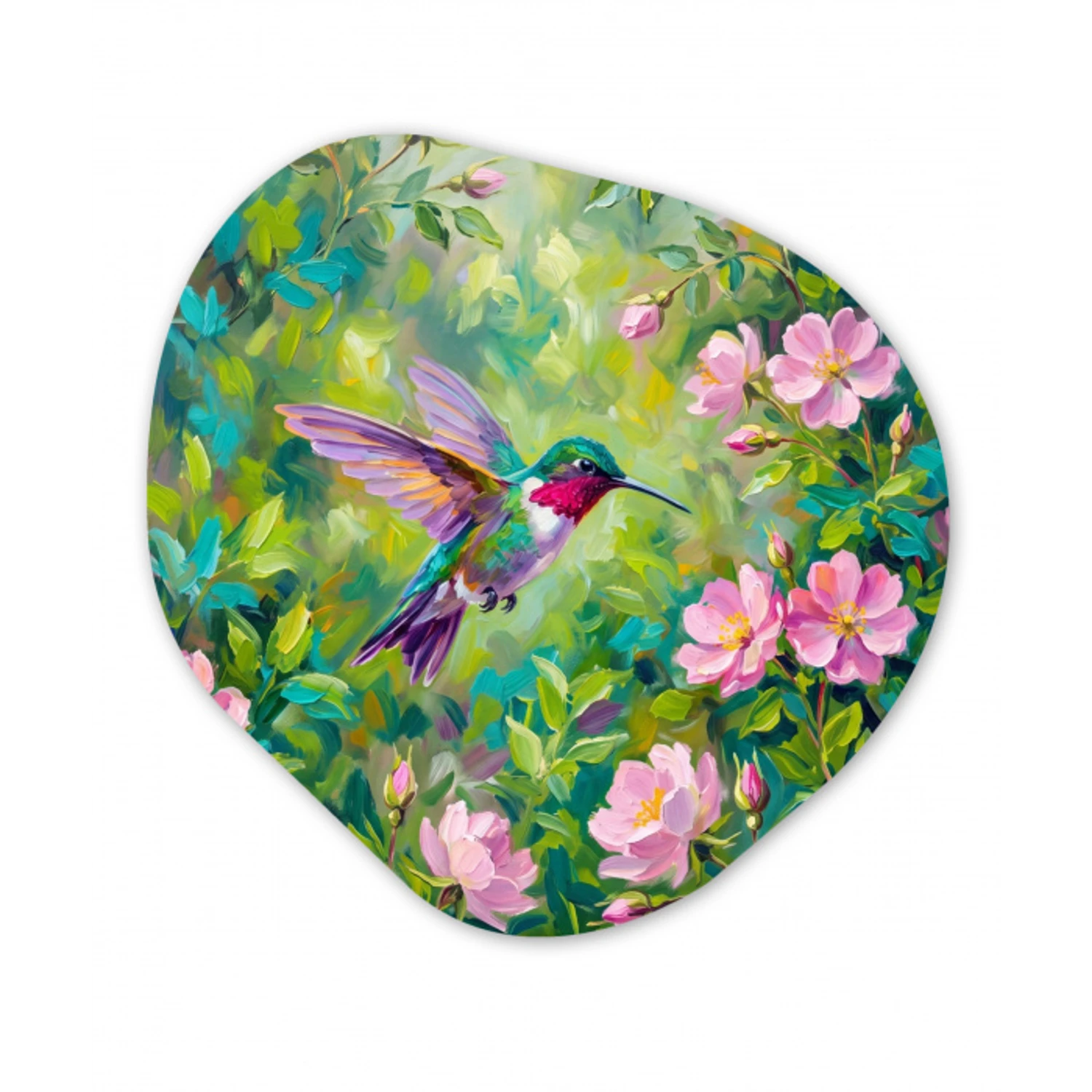 Kolibrie - Bloemen - Natuur - Kleurrijk Wandcirkel Organisch Aluminium middel -3d