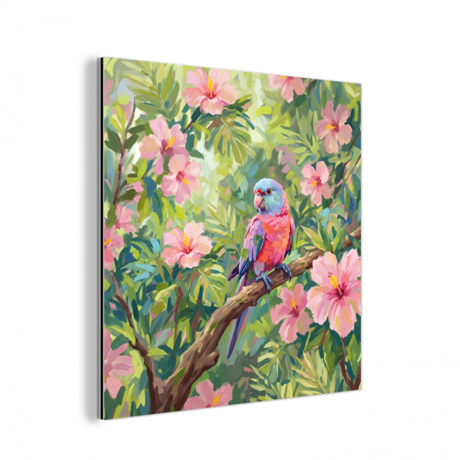 Papagaai - Hibiscusbloemen - Kleurrijk aluminium wit klein -3d