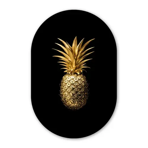 Ananas - Zwart - Goud - Luxe Wandcirkel Ovaal Glas middel -3d