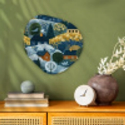 Huisjes - Bloemen - Patroon - Geel - Blauw Wandcirkel Organisch Forex 3mm klein 629 -sfeer2