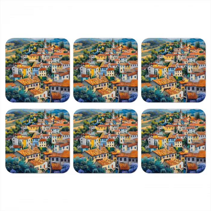 Dorp - Heuvels - Landschap - Bomen onderzetter kurk middel -3d