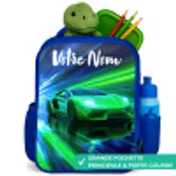 Sportauto - Groen - Snelheidslijnen - Neon Kinderrugzak - Blauw middel -inhoud_FR