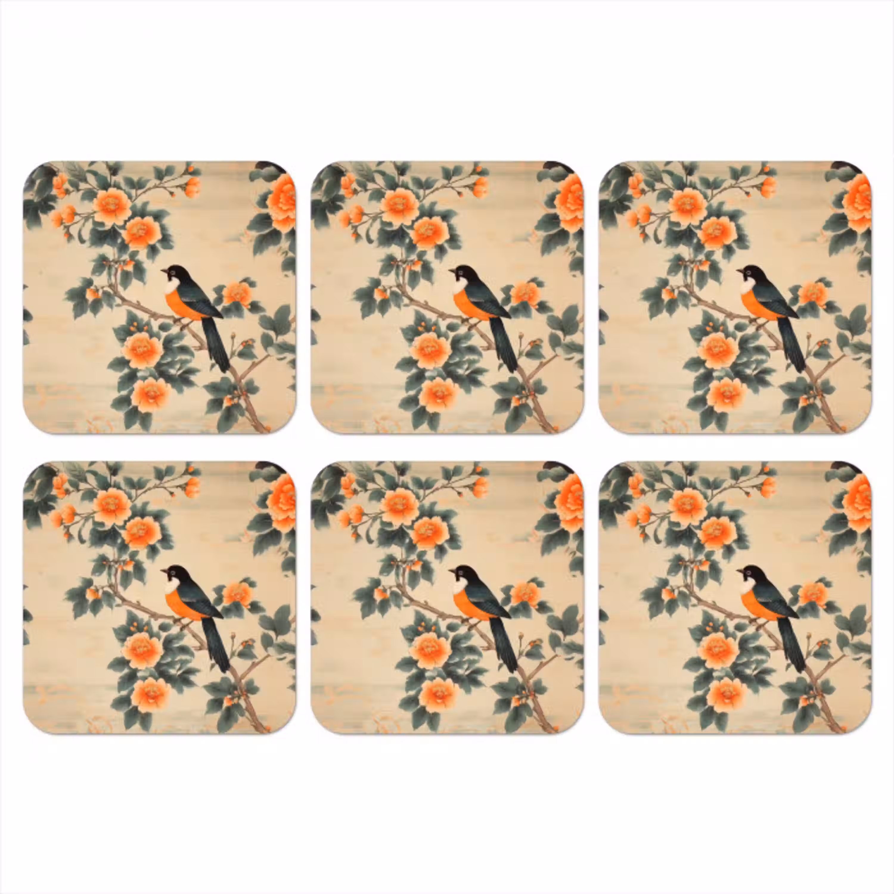 Vogel - Tak - Bloemen - Oranje onderzetter kurk middel -3d