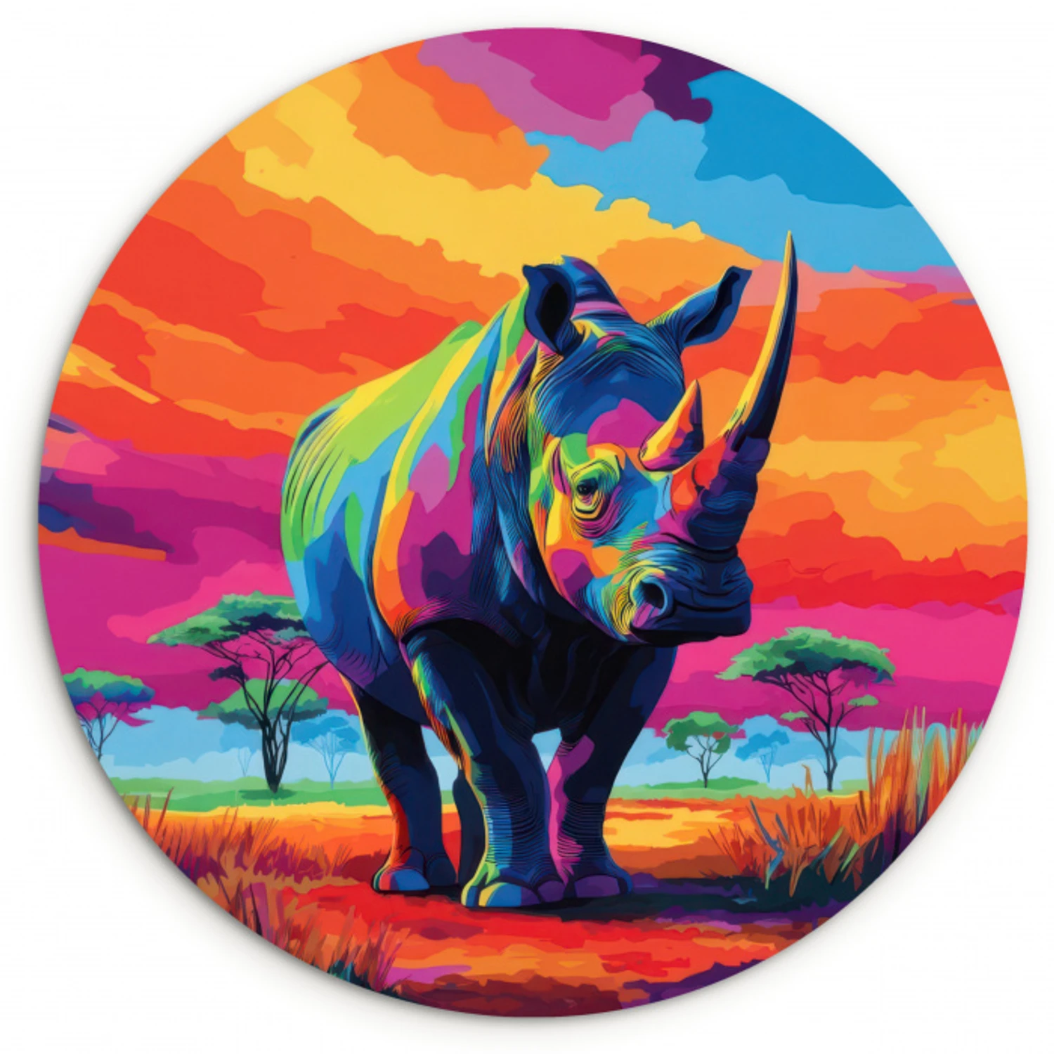 Neushoorn - Zonsondergang - Savanna - Kleurrijk Wandcirkel kunststof plaat 5mm dik klein -3d