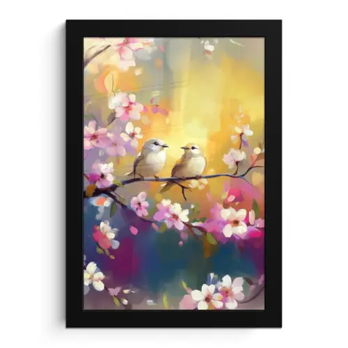 Vogels - Bloemen - Roze fotolijst zwart zonder passe partout klein -3d