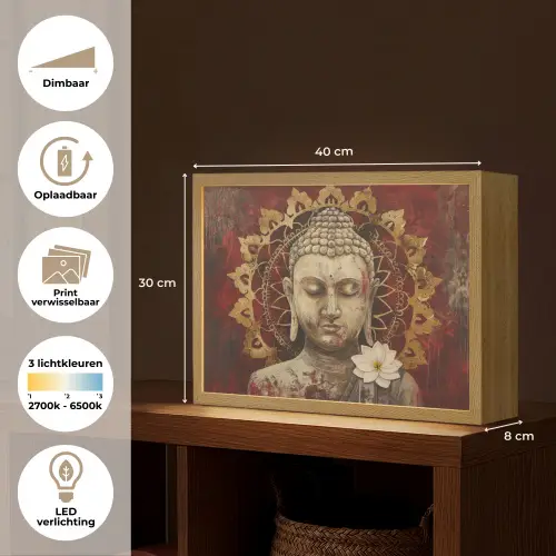 Boeddha - Mandala - Bloem - Rood - Goud - Zen Light Box met batterij (Wandlamp) middel -USP_websiteoverzichtNL