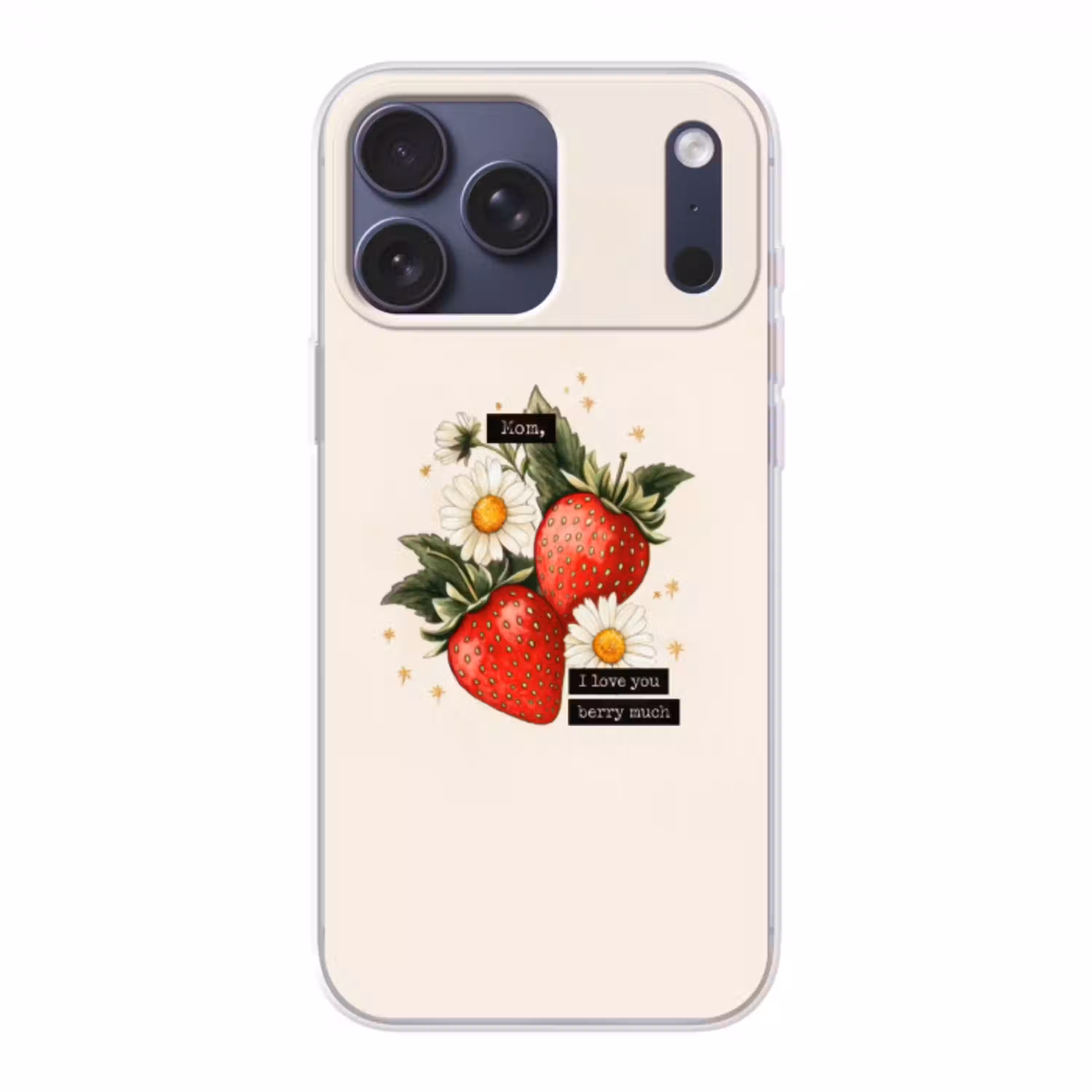 Aardbeien - Madeliefjes - Quote - Sterretjes Telefoonhoesje iPhone 17 Pro Max klein -3d