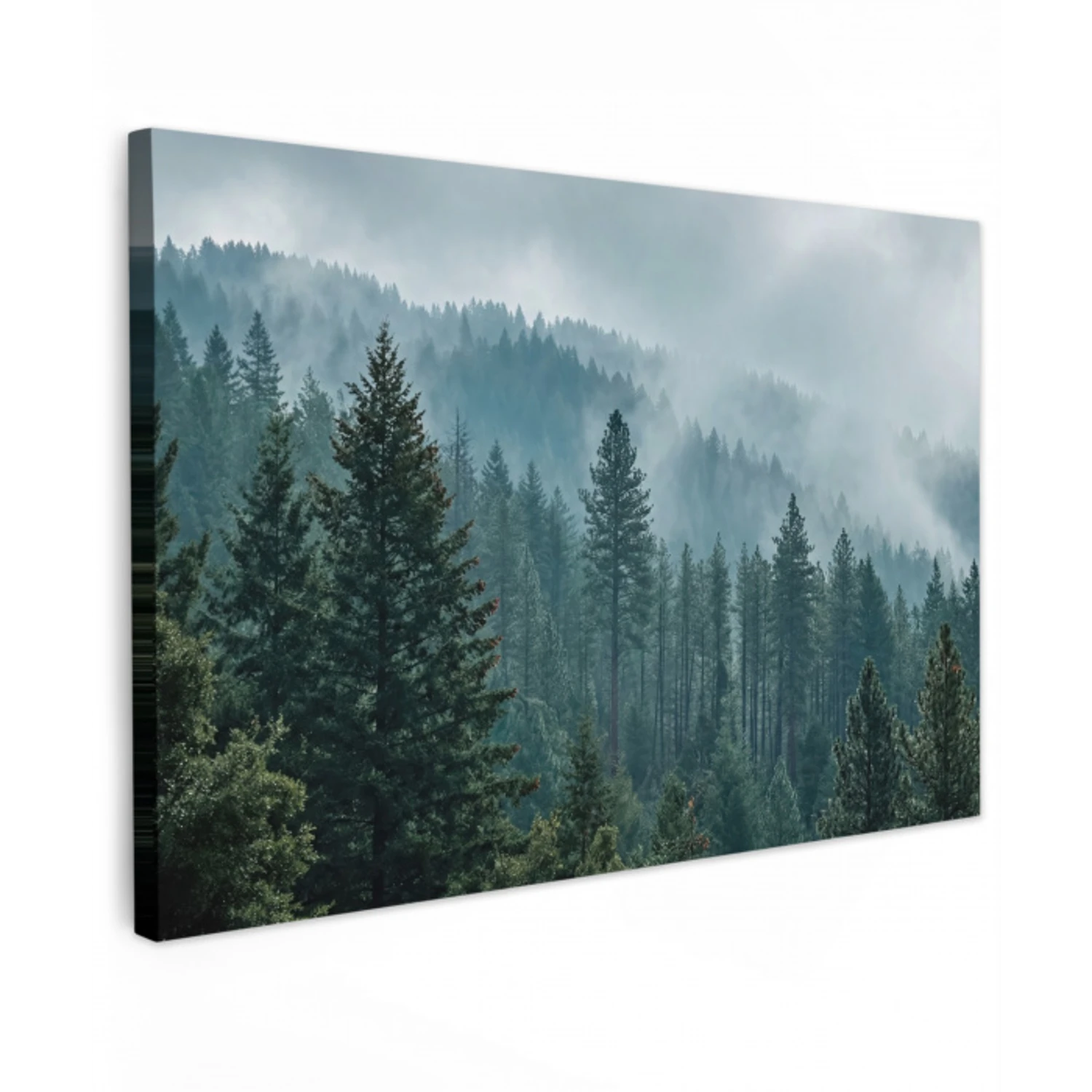 Naaldwoud - Bergen - Mist Tuinposter op houten frame 2 cm dik klein -3d