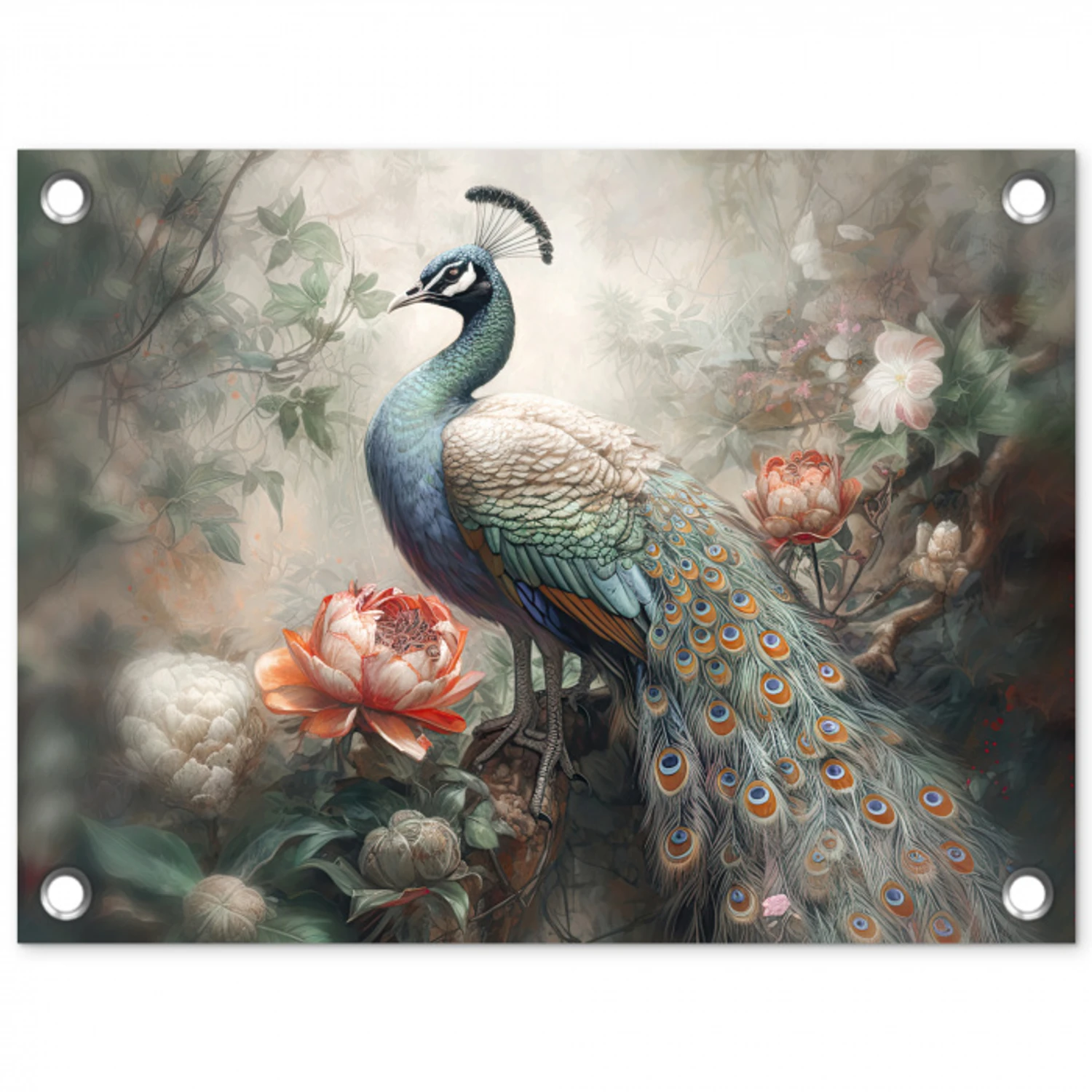 Pauw - Pauwenveren - Vogel - Jungle - Bloemen tuinposter los doek klein -3d