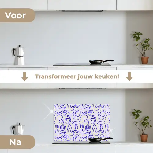 Blauw - Patroon - Abstract - Beige keuken achterwand spatscherm klein 900 -voor_na_NL