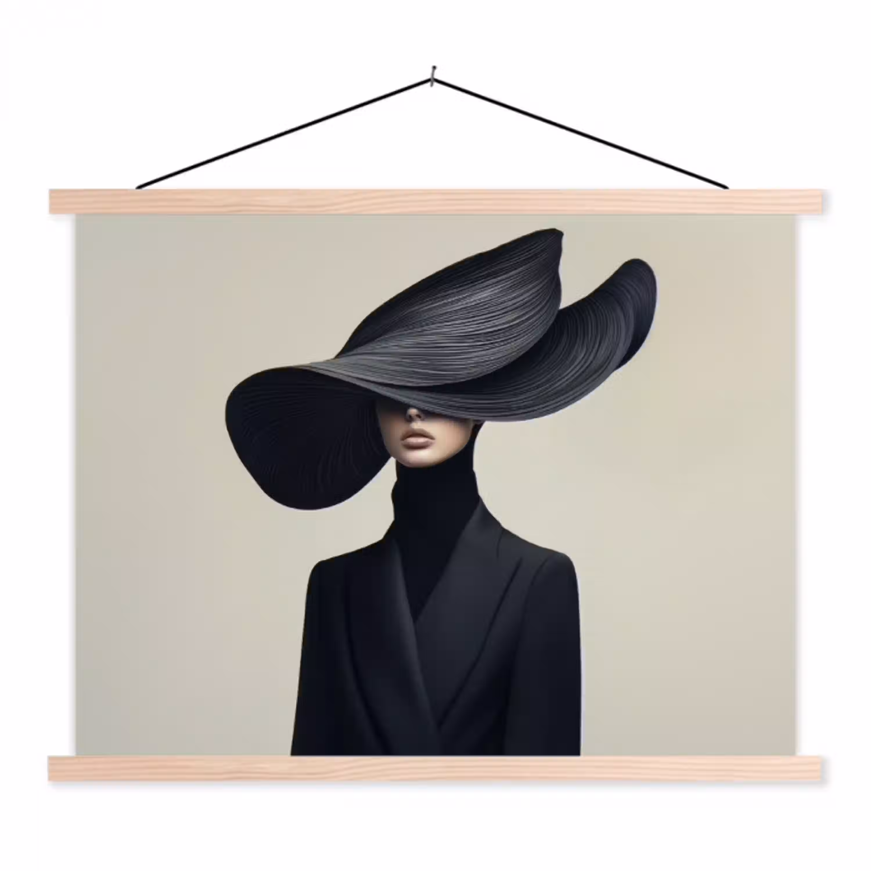 Zwart - Vrouw - Hoed textielposter latten blank klein -3d