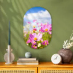 Bloemen - Wei - Paars - Gras - Wit - Wolken - Blauw Wandcirkel Ovaal Forex klein -sfeer2
