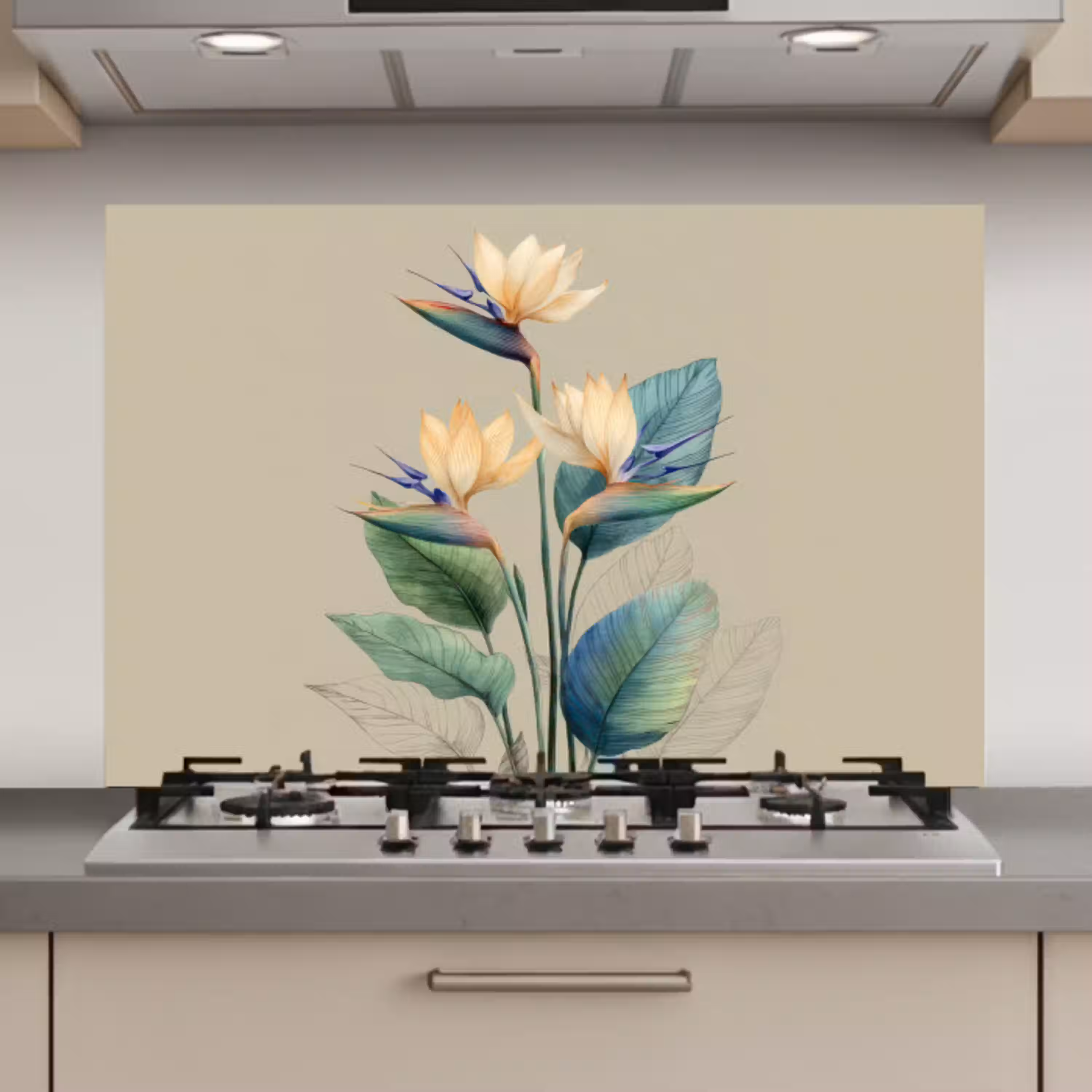 Paradijsvogelbloemen - Blauwgroene bladeren - Beige keuken achterwand spatscherm klein -3d_website